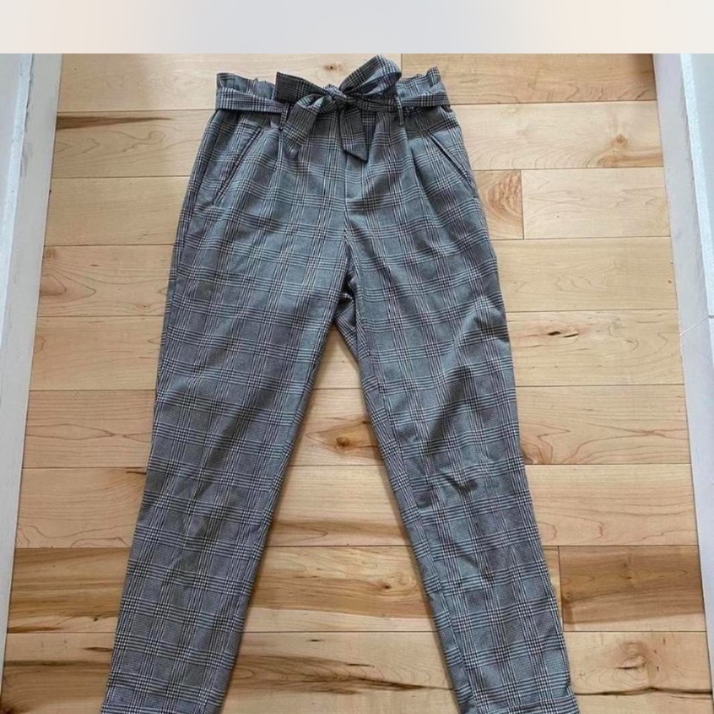 High-Waist Paperbag Plaid Women's Pants - Gray